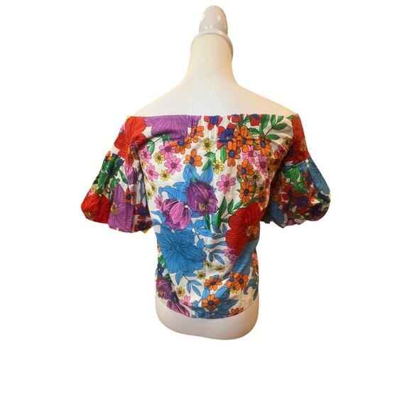 H&M Multicolor Puffy Sleeve Wide Neck Top - Size 4 - Picture 1 of 5